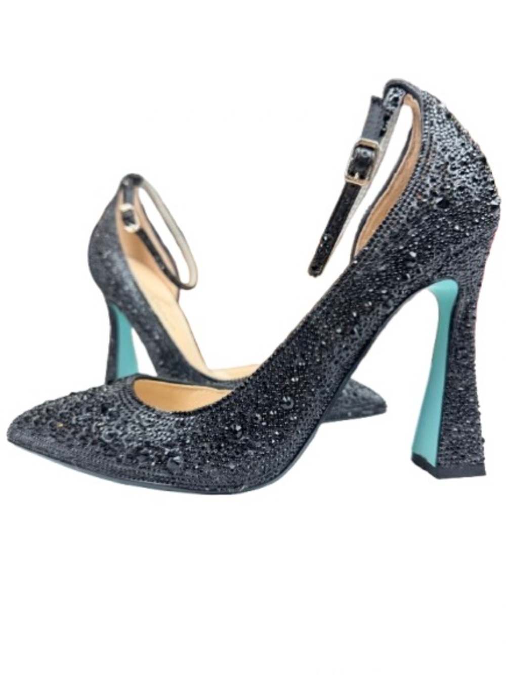 Betsey Johnson Ramsy Black Rhinestone Ankle Strap Pumps Heels 7.5M 4” Heel - Picture 2 of 13